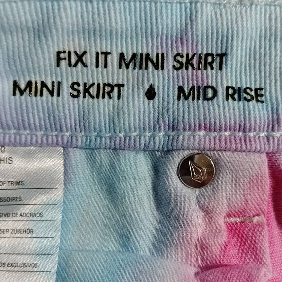 VOLCOM Women's Tie Dye Denim "Fix It Mini Skirt" Mid Rise Pink Blue White, L(10) - Picture 8 of 12